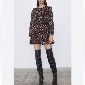 Zara floral print long sleeves mini dress in black, red, and white. Size Medium
